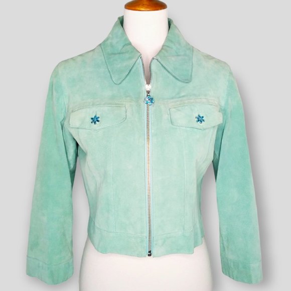 Vintage Wilsons Leather 100% Suede Cropped Jacket Size Large Aqua Barbiecore - Picture 3 of 12